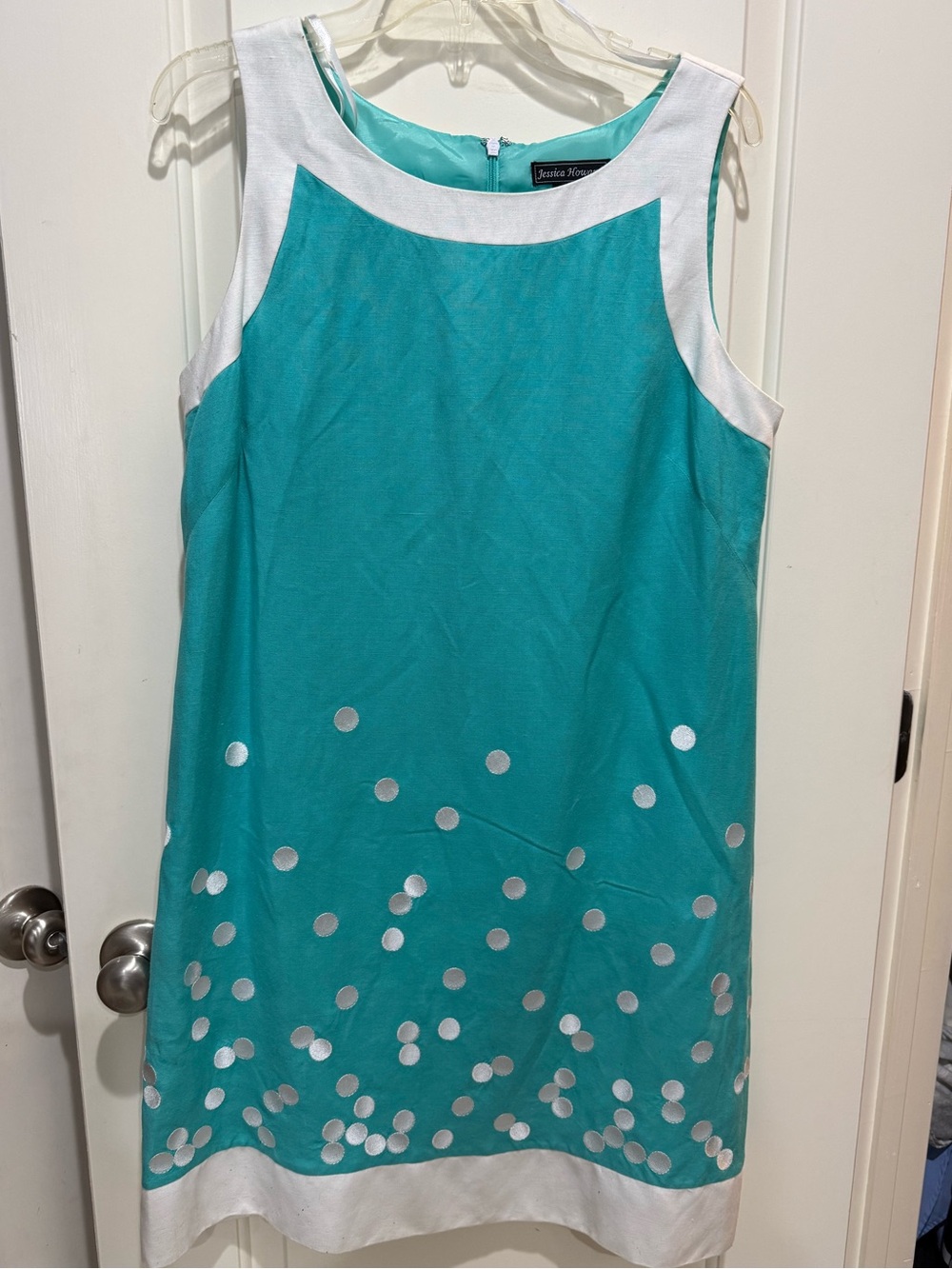 Jessica Howard Turquoise and White Sleeveless Polka Dot Shift Dress